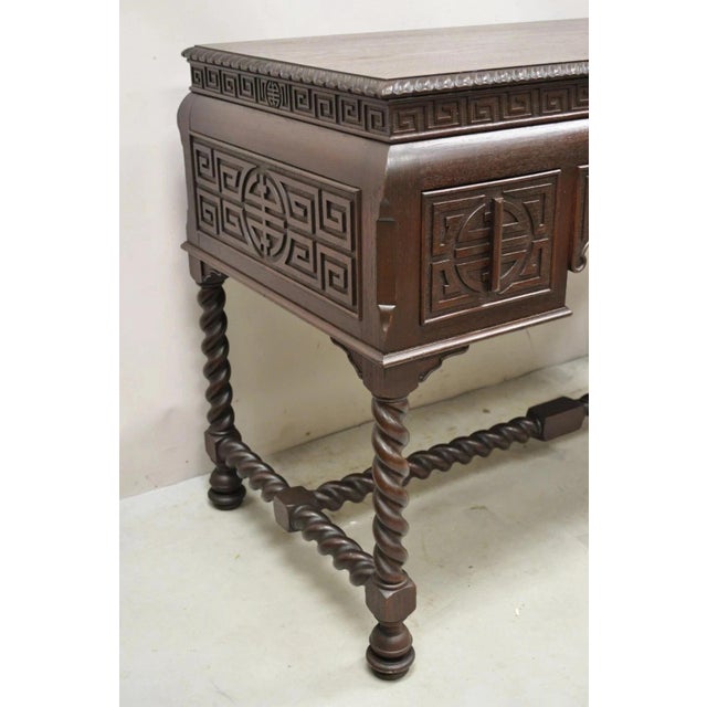Chinoiserie Antique Jacobean William and Mary Greek Key Carved Mahogany 3 Drawer Desk For Sale - Image 3 of 12