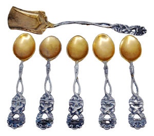 Silver Coffee Spoons and Sugar Shovel with Golden Shells and Cut-Out Handles, Set of 5