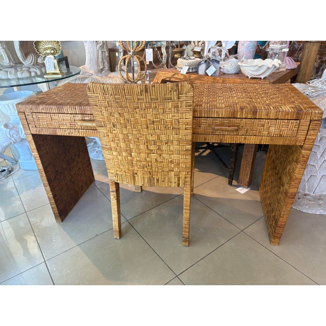 Vintage Coastal Italian Wrapped Woven Rattan Cane Wicker Desk Drawers & Chair For Sale - Image 11 of 12