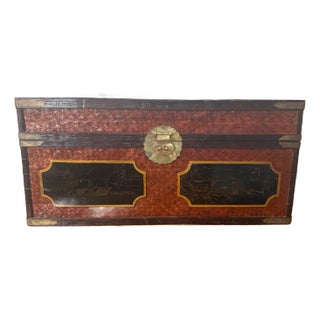 Handmade Attributed Maitland-Smith Chinoiserie Bamboo Trunk Chest With Hand-Painted Panels For Sale