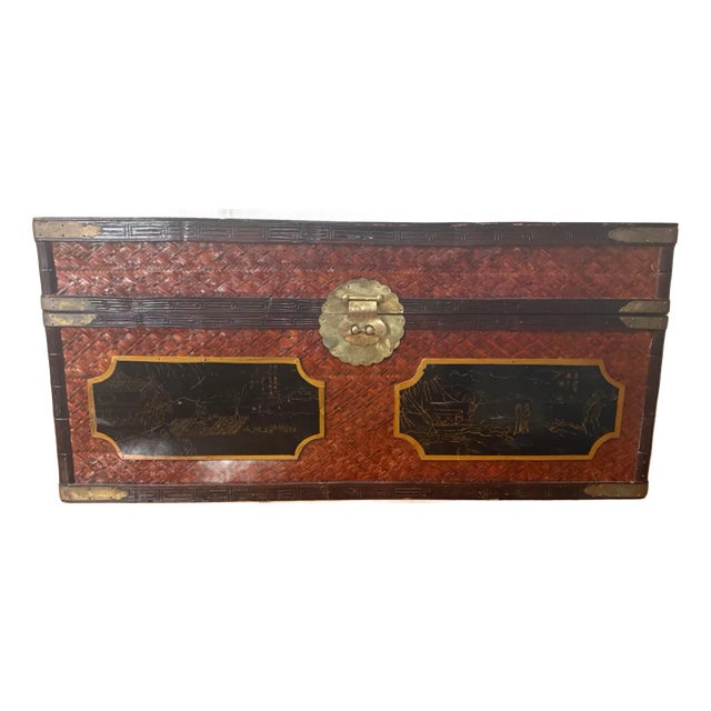 Handmade Attributed Maitland-Smith Chinoiserie Bamboo Trunk Chest With Hand-Painted Panels For Sale