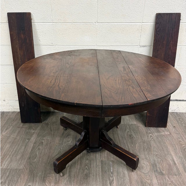 Wood Antique Arts & Crafts Mission Quarter Sawn Oak Pedestal Dining Table For Sale - Image 7 of 16