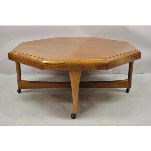 Brown Vintage Lane Mid Century Modern Walnut Octagonal Stretcher Base Coffee Table For Sale - Image 8 of 10