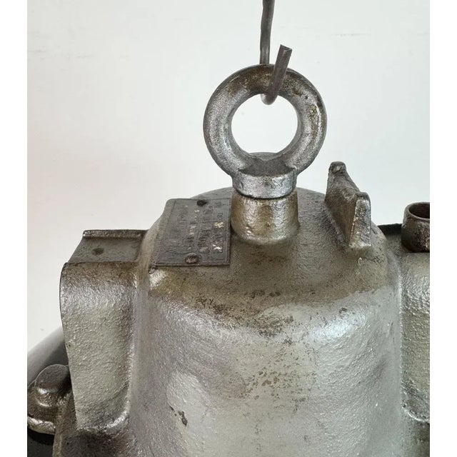 Glass Industrial Black Enamel and Cast Iron Cage Pendant Light from Elektrosvit, 1960s For Sale - Image 7 of 18