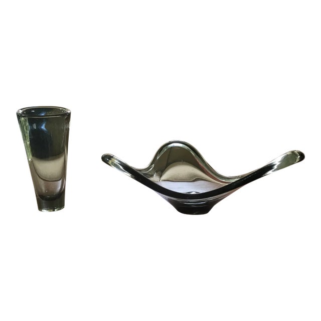 1960s Mid-Century Holmegaard Smoky Art Glass Bowl and Vase Designed by Per Lutken - 2 Pieces For Sale