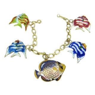 Mid 20th Century Multi-Color Enamel 5 Fish 14k Yellow Gold Charms Chain Bracelet For Sale