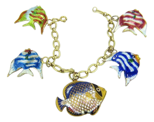 Mid 20th Century Multi-Color Enamel 5 Fish 14k Yellow Gold Charms Chain Bracelet