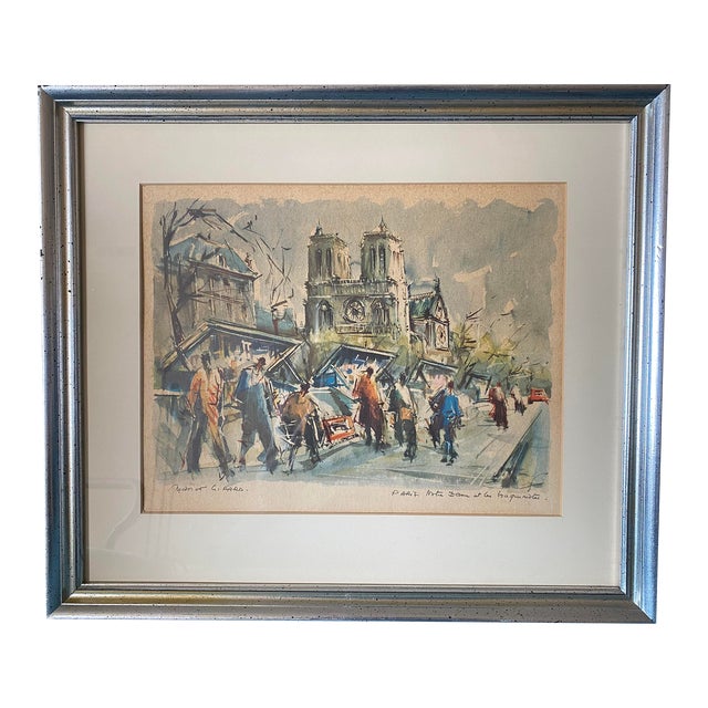 Mid-Century Watercolor Print of "Notre Dame et les Bouquinistes" by Marius Girard, Framed For Sale