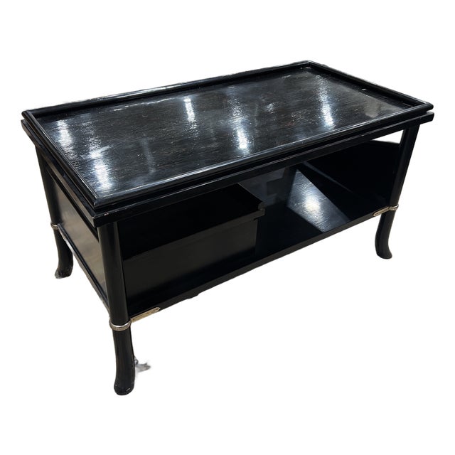 Baker Furniture Japanned Black Lacquered Coffee Table With Nickel Accents For Sale