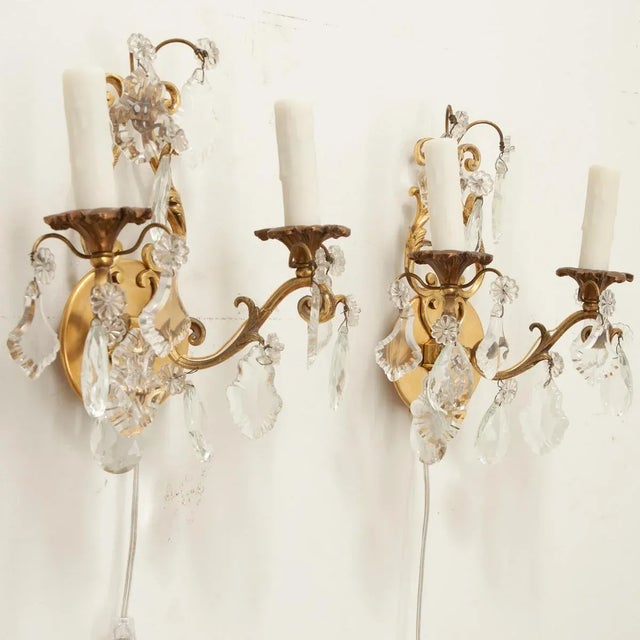 French Early 20th Century Brass & Crystal Sconces - A Pair For Sale - Image 10 of 10