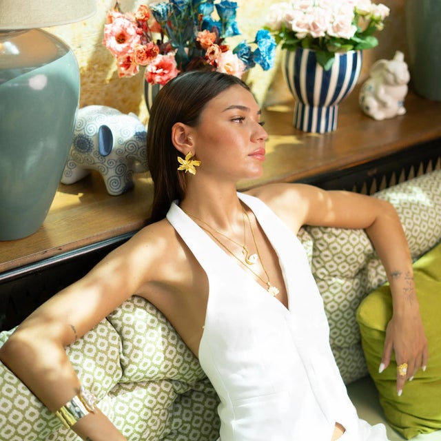 Metal Floral Majesty Gold Stud Earrings, A Pair For Sale - Image 7 of 8