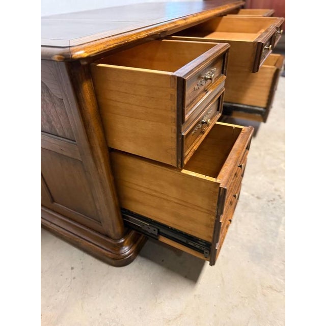 Vintage Hekman Oak Tooled Leather Top Executive Office Desk " For Sale - Image 14 of 14