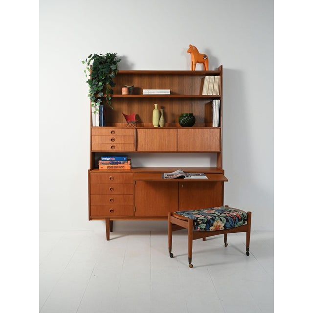 Scandinavian teak and mahogany sideboard-bookcase from the 1960s: side drawers, compartments with internal shelves, a...