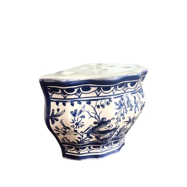 An absolutely charming, vintage blue and white bough pot / vase. Features a white ceramic base with hand painted details...