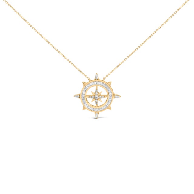 Find your true north with a pendant that whispers of journeys and quiet courage. A luminous compass motif glows in 14K...