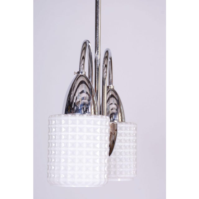 Metal Mid-Century Chandelier in Chrome, Steel and Opaline Glass, Czech, 1960s For Sale - Image 7 of 12
