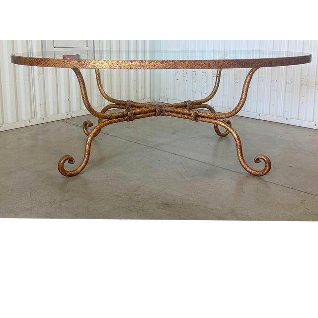 Metal Late 20th Century Hollywood Regency Gilt Wrought Iron Glass Top Oval Cocktail Table For Sale - Image 7 of 16