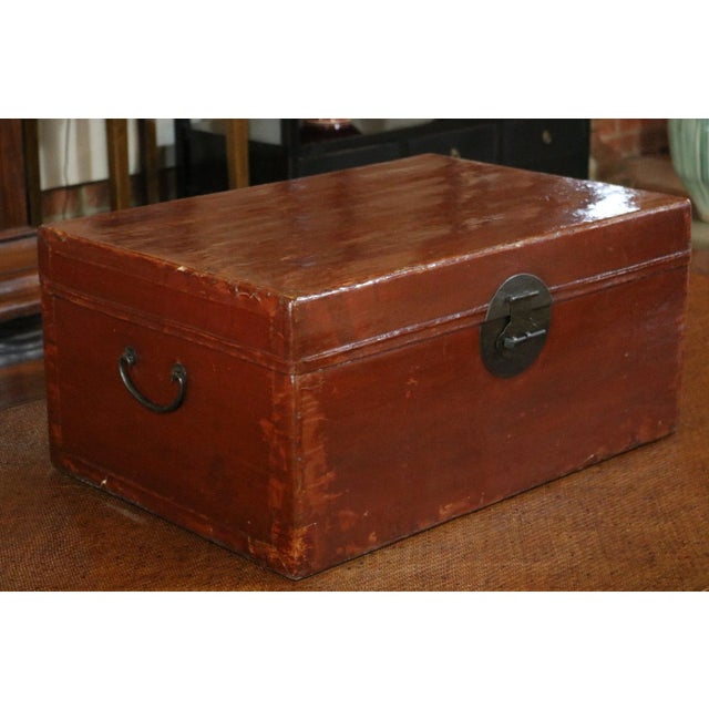 Chinese Red Leather Trunk For Sale - Image 4 of 8