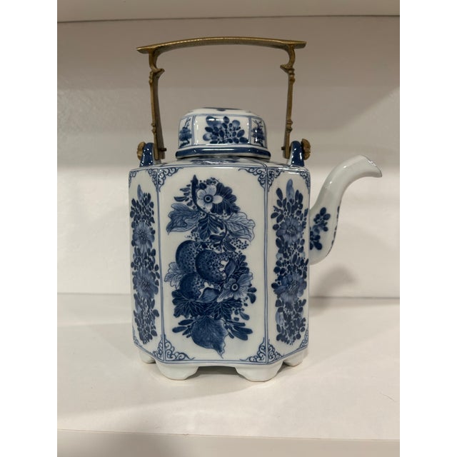 Vintage Blue and White Porcelain Teapot With Solid Brass Handle Hand Painted Thailand For Sale - Image 4 of 12