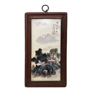 Chinese Wood Frame Porcelain Mountain Tree Scenery Wall Plaque Panel