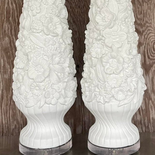 Vintage Coastal Monumental Plaster Floral Table Lamps - a Pair For Sale - Image 12 of 12