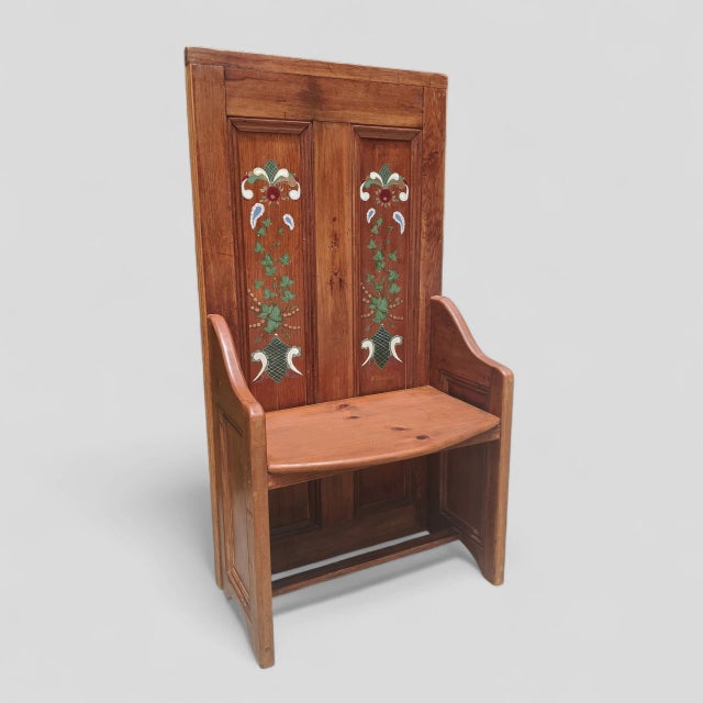 English Vintage Folk Art Hand Painted Oak Hall Chair Bench For Sale - Image 3 of 18