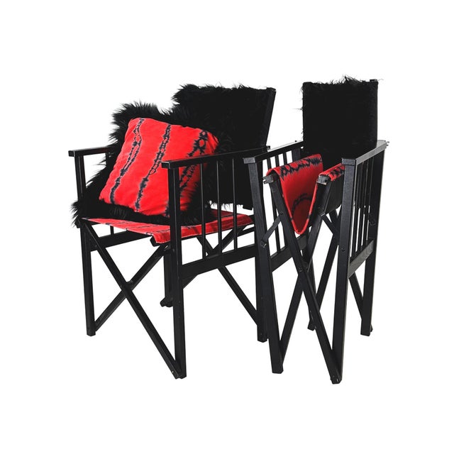 Black Vintage 1980s Pair of (2) Danish Folding Armchairs / Directors Chairs Set by Hyllinge Møbler - Red Flame Velvet & Black Faux Fur Upholstery For Sale - Image 8 of 18