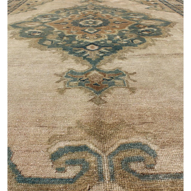 Mid 20th Century Vintage Oushak Rug With Floral Design in Blue/Green, Taupe, Ivory & Yellow Green 5'2" X9'11" For Sale - Image 5 of 8