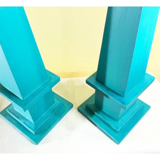 Pair of Hand-Painted Solid Wood Decorative Obelisks – Vibrant Turquoise Color For Sale - Image 13 of 15