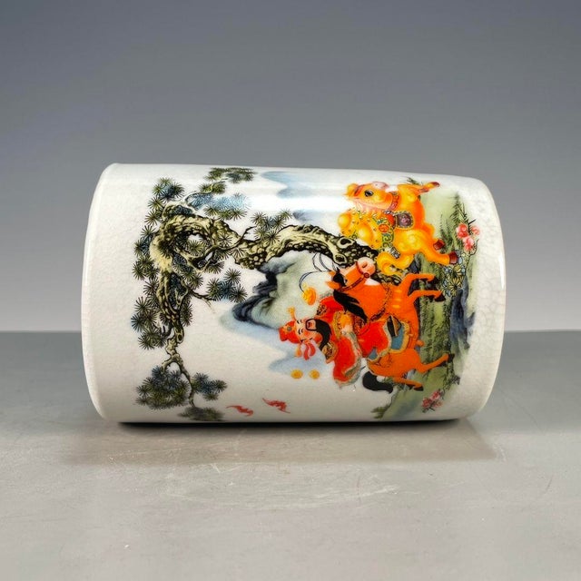 Ceramic Crackle Glaze Porcelain Brush Pot With Figure on Horseback For Sale - Image 7 of 9