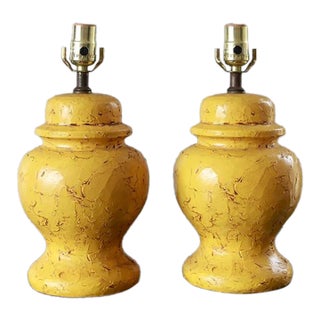 1960s Vibrant Mid Century Pair of Yellow Ginger Jar Lamps For Sale