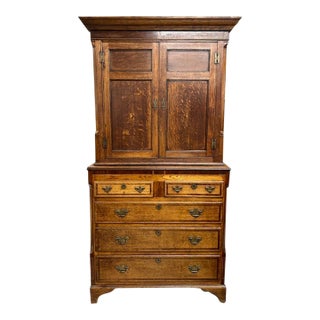 Antique Inlaid Oak Linen Press Cabinet W/Shell Motif For Sale