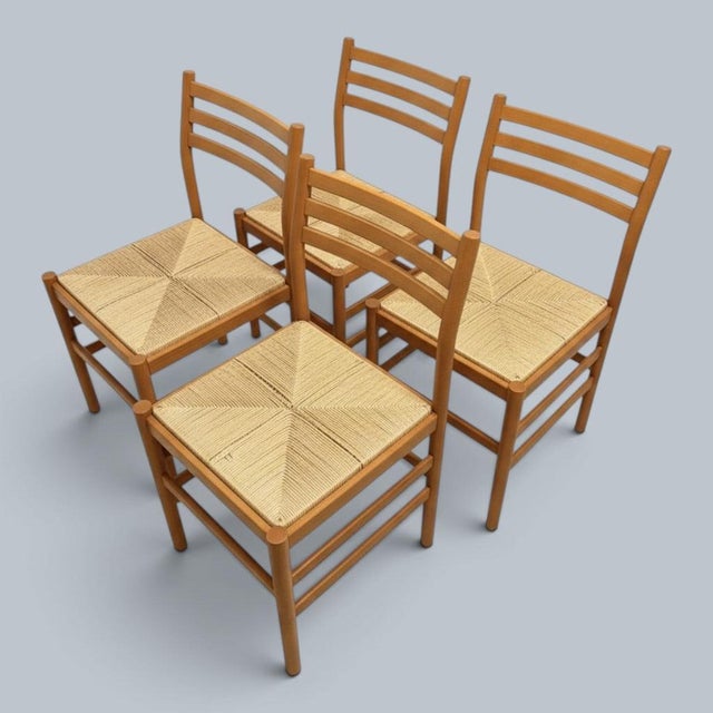 Wood Vintage Italian Bamboo & Oak Dining Table with Beech & Rattan Chairs, 1970s, Set of 5 For Sale - Image 7 of 9