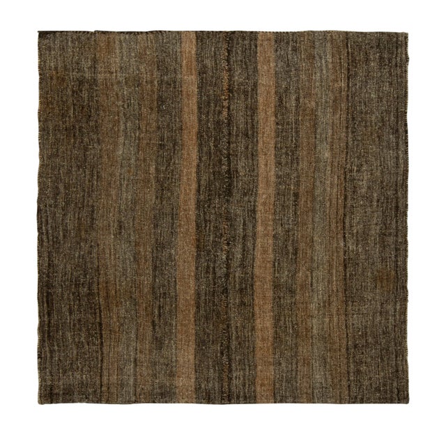 Textile Vintage Square Kilim Rug in Beige-Brown Stripes, Black Striations For Sale - Image 7 of 7