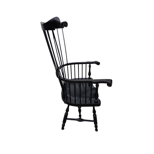 1990s Ethan Allen Black Windsor Chair Comb Back Philadelphia Armchair Saddle Seat For Sale - Image 14 of 16