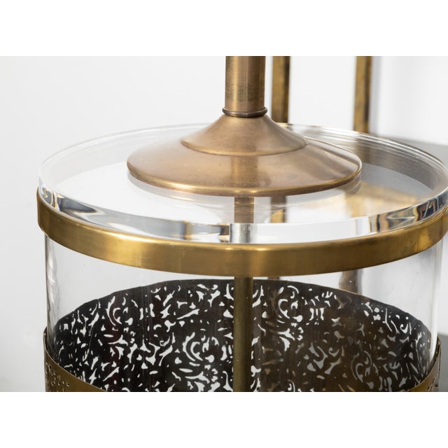 Metal Vintage English Brass and Glass Lamps with Openwork Motifs on Lucite - a Pair For Sale - Image 7 of 9