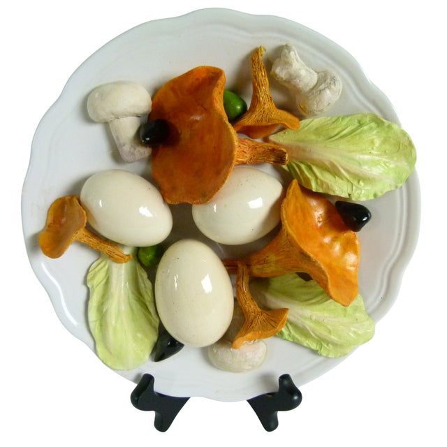 Late 20th Century Christine Viennet 8.5" French Trompe L’Oeil Porcelain Plate . Chanterelle Mushrooms, Eggs, Lettuce Leaves, For Sale - Image 4 of 8
