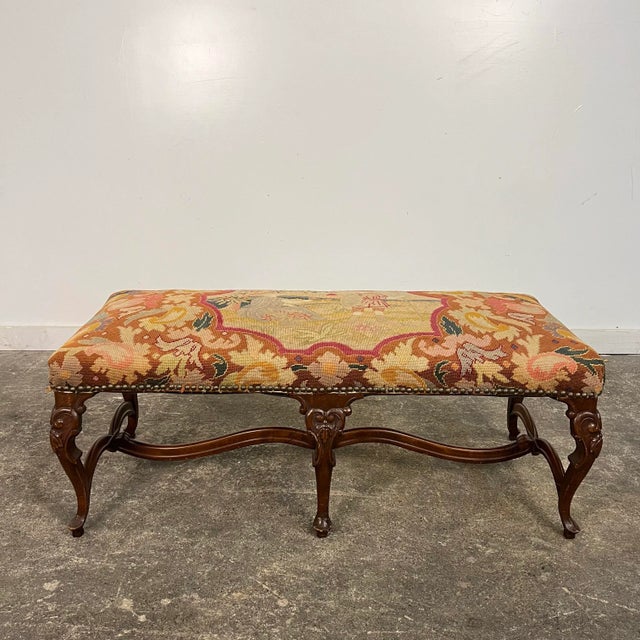 French Style Carved Wood & Needlepoint Bench This is a nice soft upholstered bench with a beautiful French figure scene...