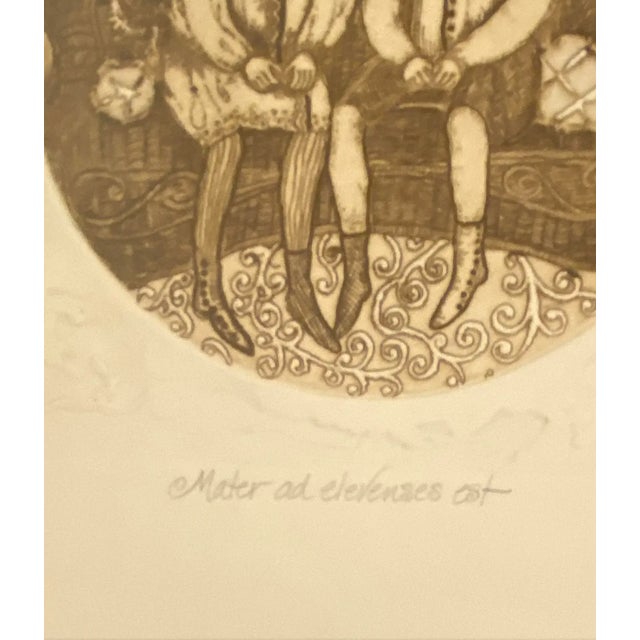 Etching by New England artist Carol Travers Lummus. embossed etching on paper "Mater ad Elevenses Est" pencil signed,...