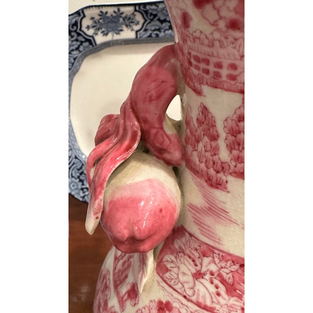 1970s Vintage Chinese Porcelain Pink Chinoiserie Table Lamp With Pommegranate Flowered Handles For Sale - Image 5 of 10