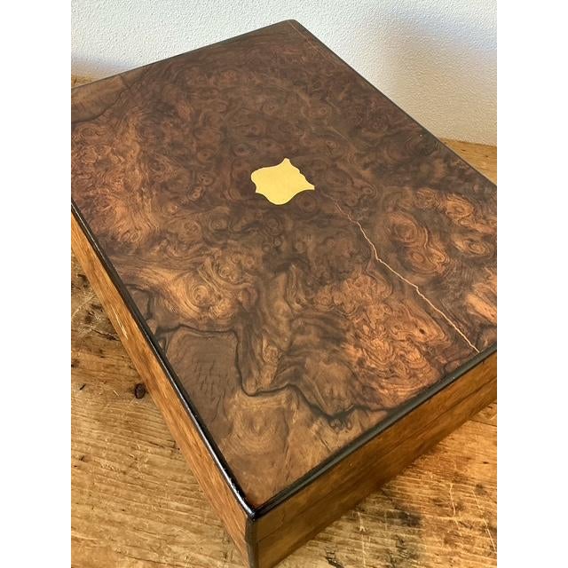Brass Vintage Brass Inlay Burl Wood Traveling Writing Desk Box For Sale - Image 8 of 11