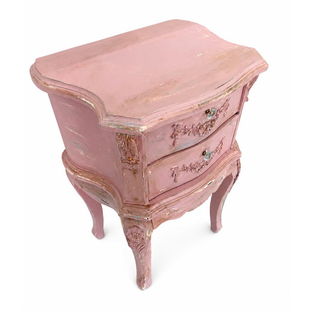 Vintage French Pink Distressed Nightstand With Floral Carvings For Sale In Naples, FL - Image 6 of 13
