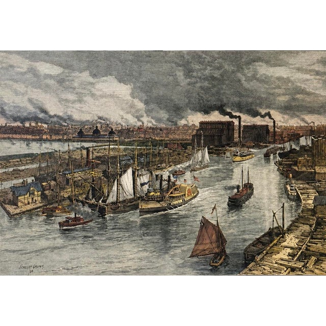 Original hand-colored wood engraving, titled "View of the City of Chicago from the Top of the Lighthouse at the Mouth of...