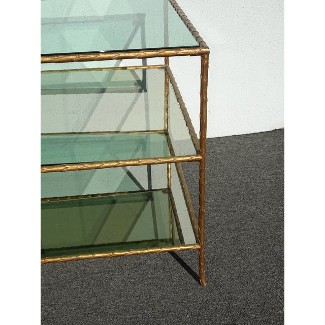 Pair of Vintage Three Tier Brass Bronze Side Tables W Etched Leaf Frames For Sale - Image 17 of 18