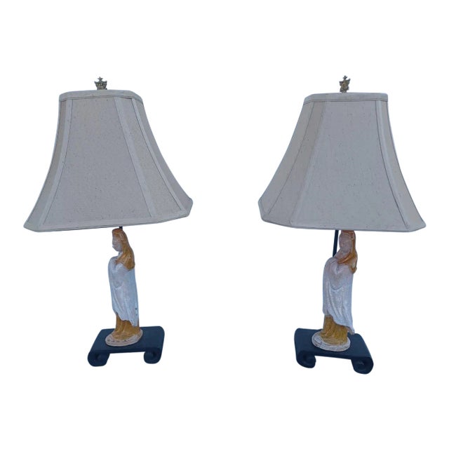 Pair of Antique Asian Pottery Figural Lamps on Bases For Sale