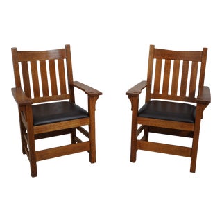 Pair Stickley Mission Oak Arts & Crafts Armchairs For Sale