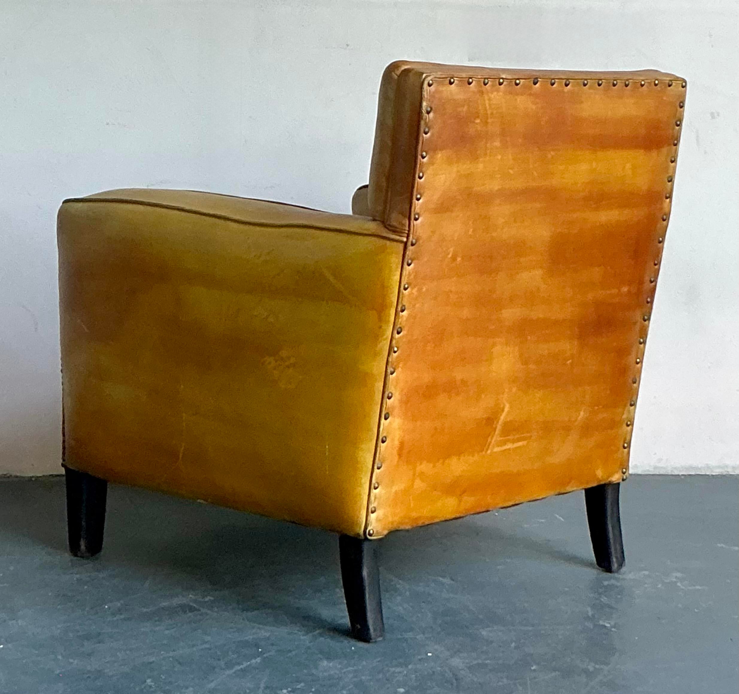 Vintage French Nailhead Stained Leather Club Chair | Chairish