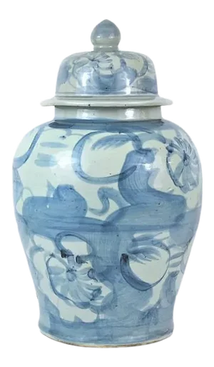 Large Chinoiserie Blue and White Abstract Lotus Ginger Jar