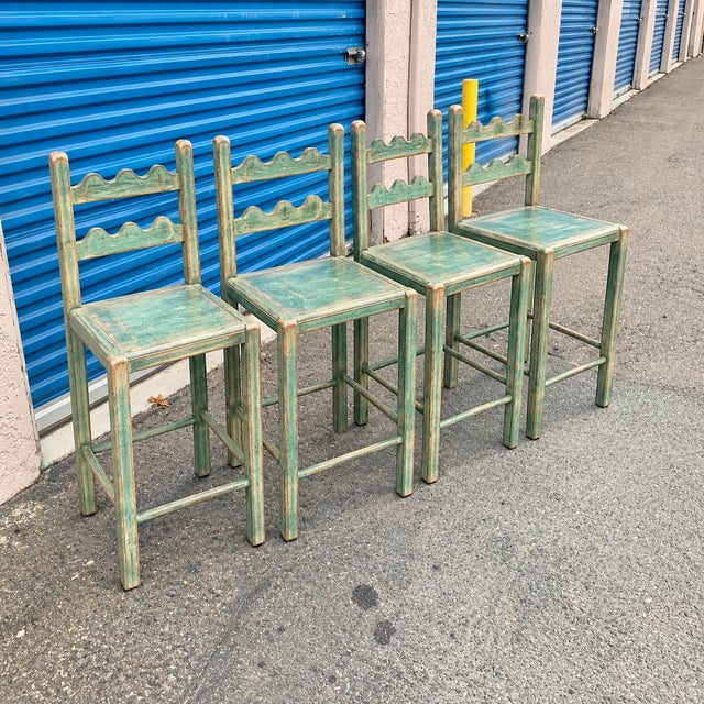 2000 - 2009 Country French Counter Stools in Set of 4 in Distressed Verdigris Green With an Aged Patina For Sale - Image 5 of 5