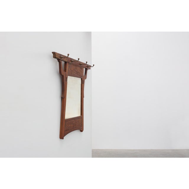 Brown Art Nouveau Oak Coat Rack with Mirror and Floral Carvings, Belgium, 1910s For Sale - Image 8 of 12